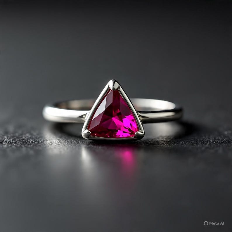 May include: A silver ring with a triangular, bright pink gemstone. The gemstone is set in a minimalist design, with a polished silver band. The ring is displayed against a dark background, accentuating the gemstone's colour and clarity.