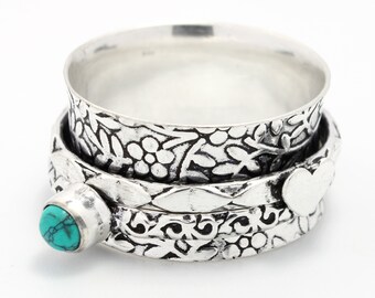 Bague toupie faite main en argent sterling 925 avec pierres précieuses turquoise