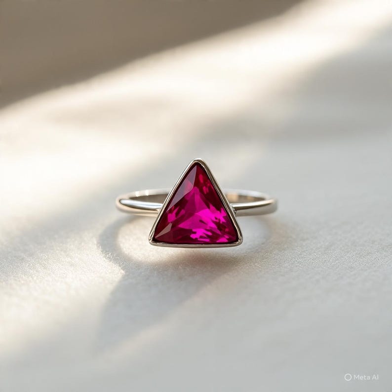 May include: A silver ring with a triangular, magenta gemstone. The gemstone is set in a silver bezel, offering a modern, geometric design. The ring's band is a simple, polished silver. The ring is a piece of jewellery.