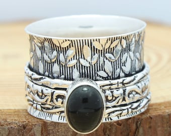 Bague spinner faite main en argent sterling et onyx, anneau de méditation