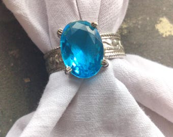 Vintage Silver Ring with Large Blue Oval Gemstone, Statement Cocktail Ring, Handmade Jewelry Gift