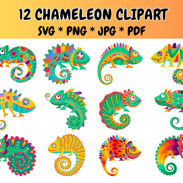 12 Chameleon Clipart Bundle SVG PNG, Tropical Animal Clipart, Cute Chameleon Svg, Exotic Animal Clipart, Graphic Illustrations