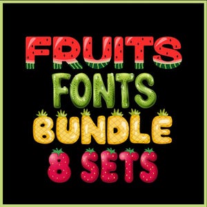 Paquete de imágenes prediseñadas de letras de frutas, PNG y SVG, fuente de fresa, fuente de fruta, alfabeto de frutas, piña, kiwi, manzana, naranja y sandía.