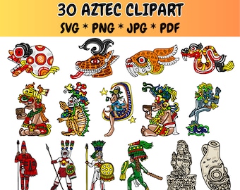 30 Aztec Clipart Bundle SVG PNG JPG PdF Icons, Aztec Warrior, Aztec Symbols, Aztec Gods, Aztec Wall Art, Vector Graphics