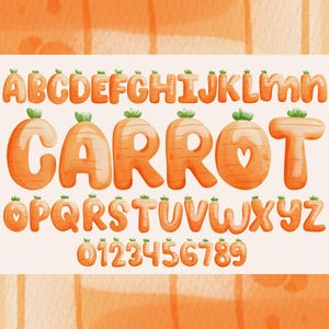 May include: A whimsical, orange carrot-themed font with each letter and number designed to resemble a carrot. The word "CARROT" is prominently displayed, with a heart in the letter "O". The font includes the alphabet and numbers 0-9.