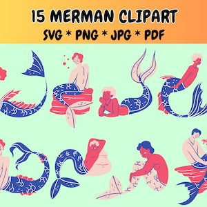 15 Merman Clipart Bundle SVG PNG JPG PdF Icons, Gay Mermaid, Transgender, Sea Creatures, Merman Wall Art, Graphics Illustrations