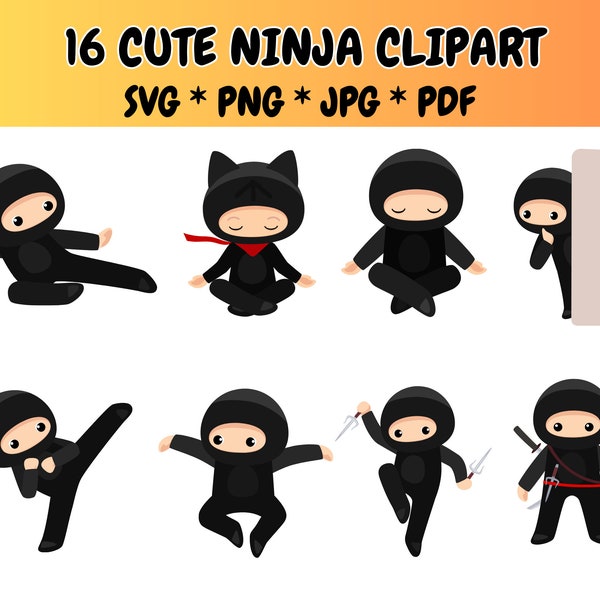 16 Cute Ninja Clipart Bundle SVG PNG, Kawaii Ninja, Little Ninja Kids, Karate Clipart, Samurai Clipart, Graphics Illustrations