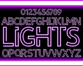 May include: A black background with the word "LIGHTS" in a neon-style font, along with the alphabet and numbers 0-9. The letters and numbers are outlined in a bright pink color. Horizontal pink neon stripes are at the top and bottom.