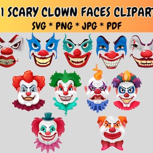 Paquete de 11 imágenes prediseñadas de caras de payaso aterrador (SVG, PNG, JPG, PDF, iconos), payaso aterrador, Pennywise, payaso asesino, imágenes prediseñadas de Halloween, ilustraciones gráficas