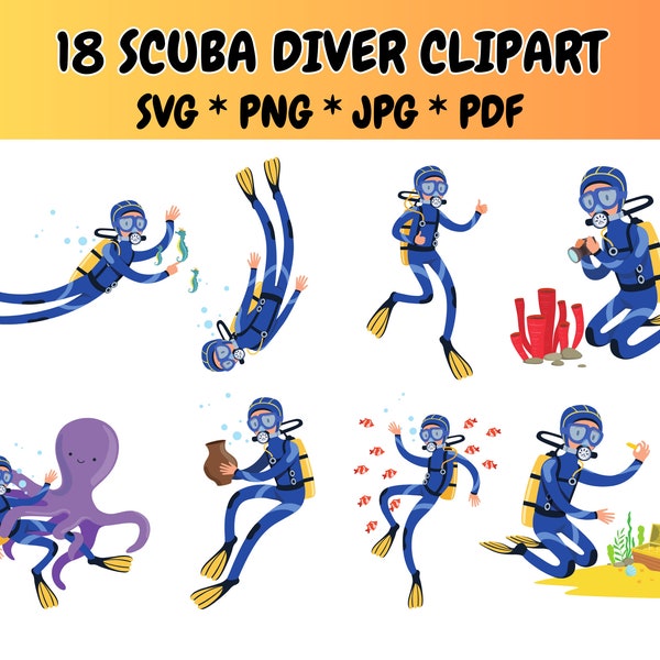 18 Scuba Diver Clipart Bundle SVG PNG JPG PdF Icons, Scuba Diving, Snorkel, Snorkeling, Underwater, Vector Illustrations
