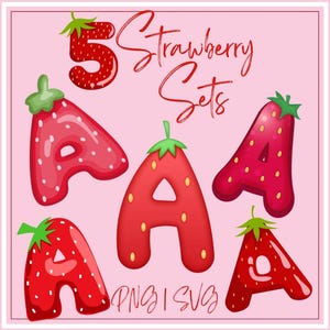 Paquete de 5 imágenes prediseñadas de fresas, PNG y SVG, fuente de fresa, alfabeto de fresa, fuente de fruta, monograma de sublimación