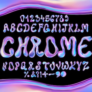 Fuente holográfica cromada PNG SVG, letras burbujeantes, alfabeto líquido, fuente 3D, monograma, sublimación de garabatos, letras goteantes, impresión holográfica