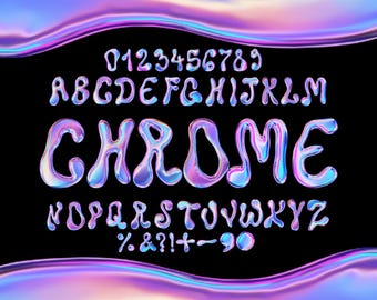 Chrome Holographic Font: Bubbly Liquid Alphabet (PNG SVG)