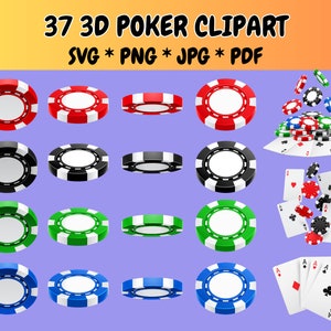 Lot de 37 cliparts poker 3D SVG PNG JPG PdF icônes, jetons de poker, as, casino, dés, graphiques vectoriels