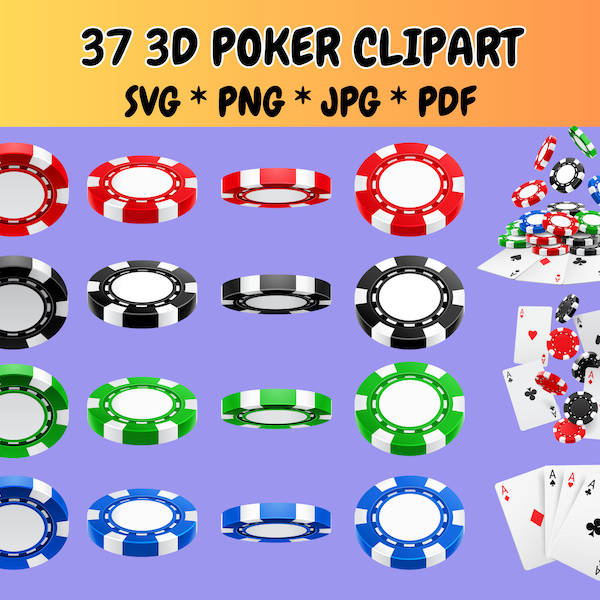 37 3D Poker Clipart Bundle SVG PNG JPG PdF Icons, Poker Chips, Aces, Casino, Dices, Vector Graphics