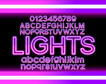 May include: A neon-style graphic with the word "LIGHTS" in large, glowing letters. The image also displays the alphabet in both uppercase and lowercase, along with numbers 0-9, all in a vibrant pink hue against a black background.