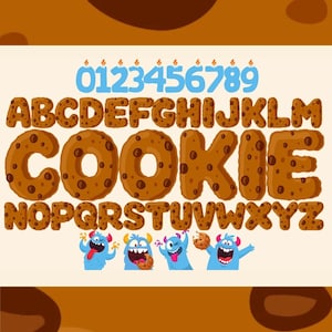 May include: A whimsical illustration featuring a cookie-themed alphabet and numbers, with each letter and number designed to resemble a chocolate chip cookie. Blue numbers with candle flames and cartoon monsters are also included.