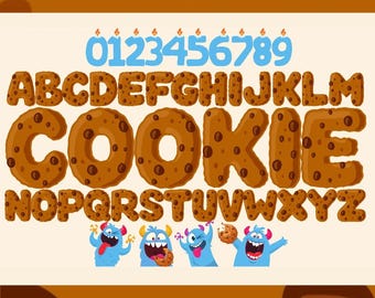 May include: A whimsical illustration featuring a cookie-themed alphabet and numbers, with each letter and number designed to resemble a chocolate chip cookie. Blue numbers with candle flames and cartoon monsters are also included.