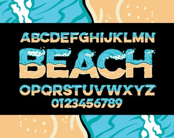 Könnte beinhalten: Eine bunte Schriftart für Alphabet und Zahlen mit Strandthema. Die Buchstaben und Zahlen sind schwarz umrandet und mit blauen und weißen Wellen gefüllt, darunter ein Sandstrand. Das Wort "BEACH" ist in großen Buchstaben geschrieben.