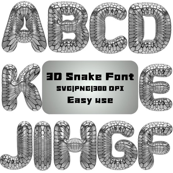 3D Bubbly Silver Snake Skin Letters Clipart PNG SVG Bundle, Bubbly Font, 3D Font, Monogram, Doodle, Sublimation, Printable Letter