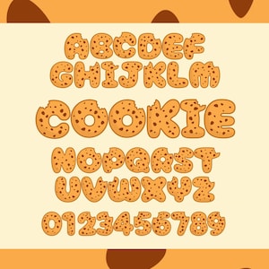 May include: A full alphabet and numbers 0-9 are designed to look like chocolate chip cookies. The letters and numbers are brown with darker brown chocolate chips and are set against a light yellow background with brown cookie-shaped accents.