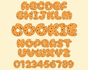May include: A full alphabet and numbers 0-9 are designed to look like chocolate chip cookies. The letters and numbers are brown with darker brown chocolate chips and are set against a light yellow background with brown cookie-shaped accents.