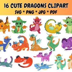 16 Cute Dragons Clipart Bundle SVG PNG, Cute Animal Clipart, Happy Dragons, Baby Dragons, Kids Dragons, Graphics Illustrations