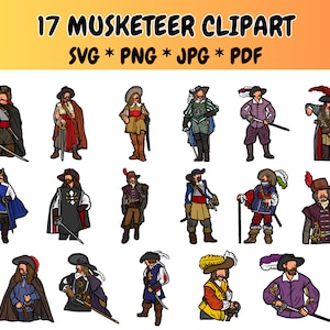 Paquete de imágenes prediseñadas de los 17 Mosqueteros (SVG, PNG, JPG, PDF), imágenes prediseñadas de espadachín, D'Artagnan (Svg), Alexandre Dumas, Los Tres Mosqueteros, ilustraciones