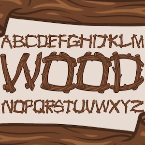 Paquete de imágenes prediseñadas de fuentes de madera (PNG/SVG), fuentes de madera (SVG), letras de madera, alfabeto rústico (SVG), fuentes de sublimación, letras doodle