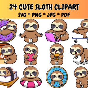 24 Cute Sloth Clipart Bundle SVG PNG, Baby Sloth Svg, Adorable Animal, Cute Animal, Kawaii Sloth Png, Little Sloth, Graphics Illustrations