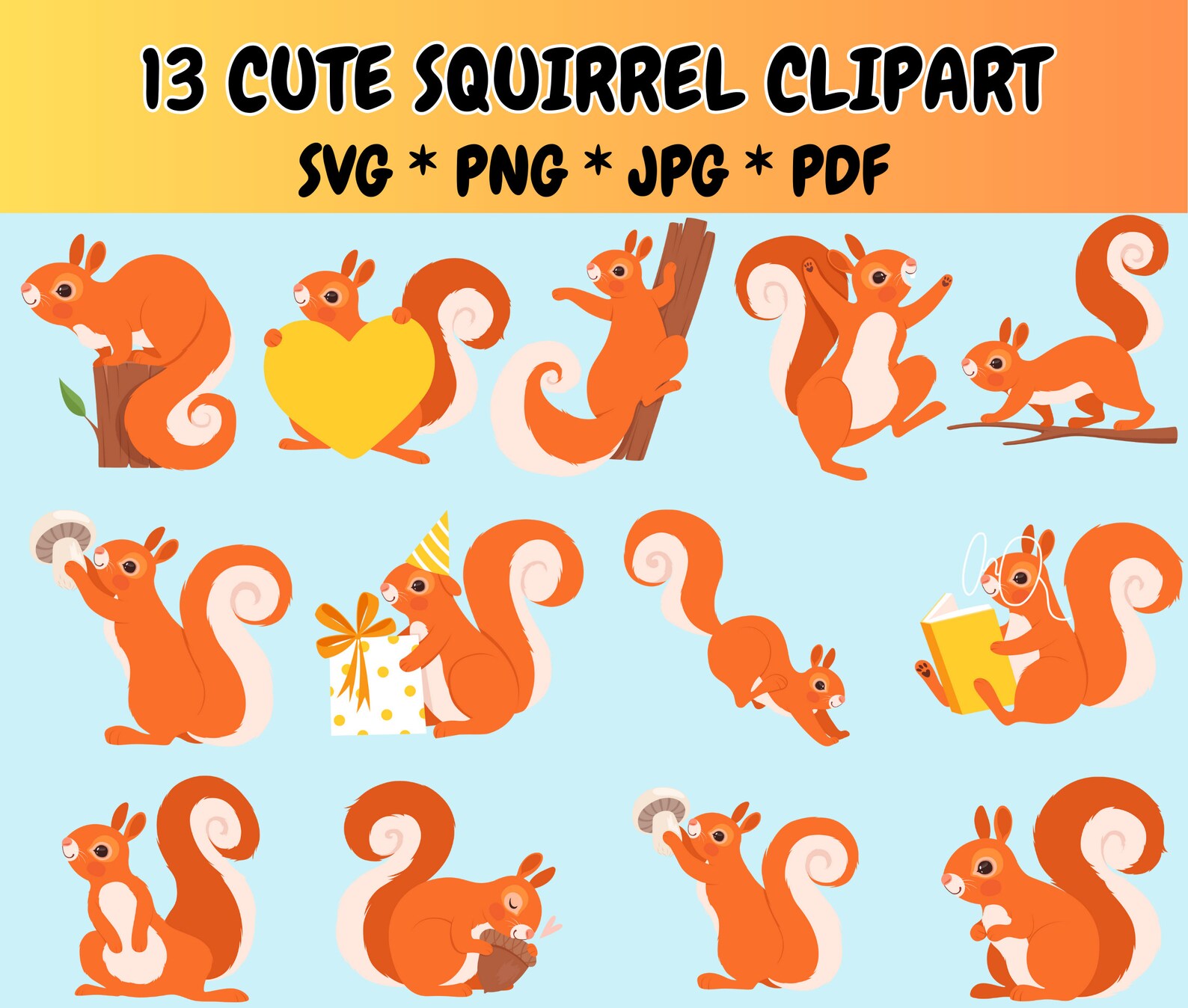 13 Cute Squirrel Clipart Bundle SVG PNG JPG Pdf Icons, Baby Squirrel ...
