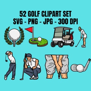 52 ゴルフ クリップアート バンドル SVG PNG JPG PdF、ゴルファー クリップアート、ゴルフ プレーヤー、ゴルフ カート、スポーツ クリップアート、イラスト、ベクター グラフィックス