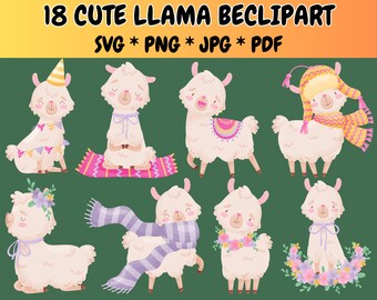 18 Cute Llama Clipart Bundle SVG PNG, Baby Llama, Kids Llama, Kawaii Llama, Cute Animal Clipart, Little Llama, Vector Graphics