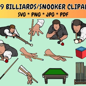 Puede incluir: Un conjunto de 49 imágenes de clipart de billar/snooker en formatos SVG, PNG, JPG y PDF. El clipart incluye varias poses de jugadores sosteniendo tacos, una mesa de billar, un estante de tacos y una bola de billar roja y azul.