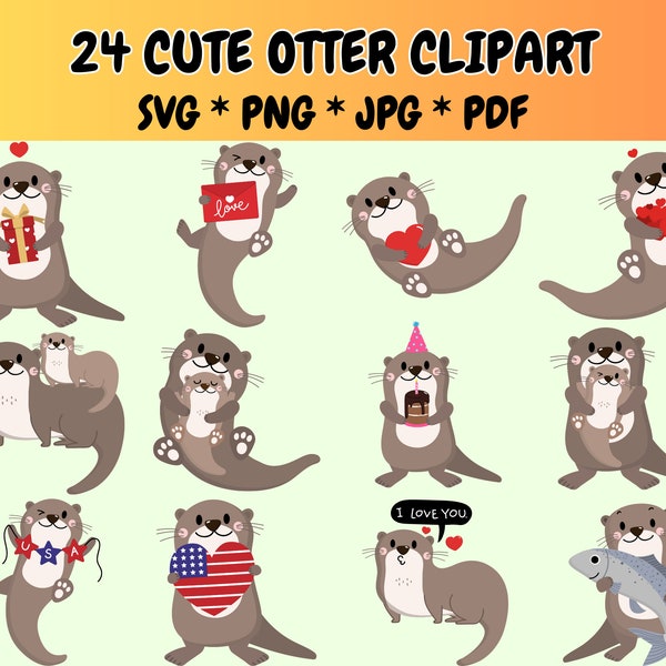 24 Cute Otter Clipart Bundle SVG PNG, Baby Otter, Pet Clipart, Cute Animal, Kawaii Otter, Little Otter, Kids Graphics Illustrations