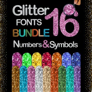 Pacchetto di font glitterati: 16 colori, lettere e numeri brillanti (SVG PNG)