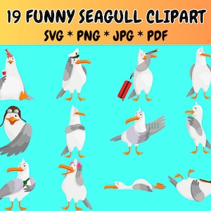 19 面白いカモメのクリップアート バンドル SVG PNG、かわいい動物のクリップアート、ペットのクリップアート、かわいい鳥のクリップアート、かわいいカモメの SVG、カモメのイラスト
