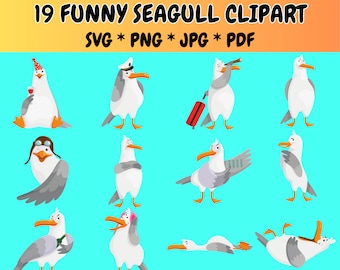 19 Funny Seagull Clipart Bundle SVG PNG, Cute Animal Clipart, Pet Clipart, Cute Bird Clipart, Cute Seagull Svg, Seagull Illustrations