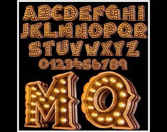 3D Marquee Light Font Clipart: Retro Alphabet PNG SVG Bundle
