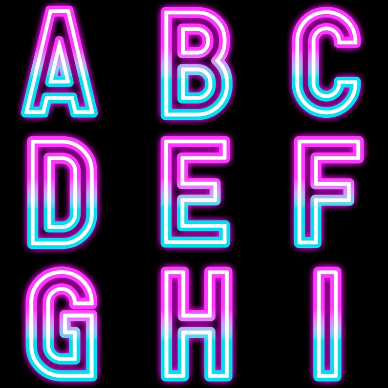Gradient Neon Letters Clipart PNG SVG Bundle, Neon Alphabet, Neon Font, Monogram Doodle