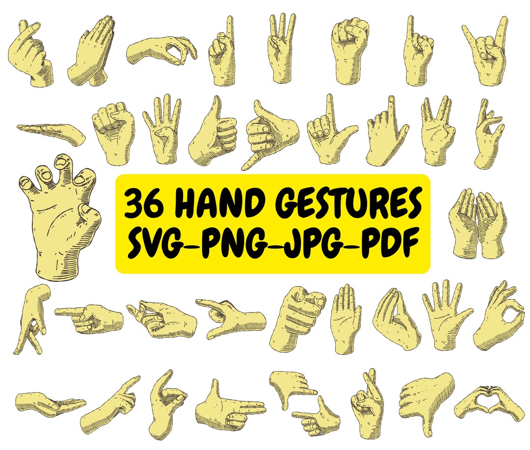 36 Hand Gestures Clipart Bundle SVG PNG JPG Pdf, Hand Signals, Hand