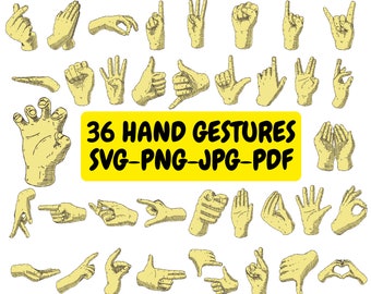 36 Hand Gestures Clipart Bundle SVG PNG JPG PdF, Hand Signals, Hand Signs Clipart, Fist Svg, Finger Sign, Graphics Illustrations