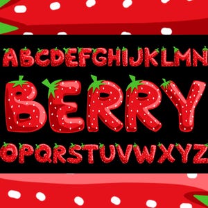 Paquete de imágenes prediseñadas PNG SVG de letras de fresa, fuente de fresa, alfabeto de fresa, fuente de fruta, sublimación de garabatos de monograma, alfabeto imprimible