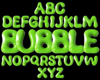 May include: A vibrant green, bubble-style alphabet against a black background. The letters, including the word "BUBBLE", appear inflated and glossy, with a playful, three-dimensional effect. The design has a modern, eye-catching aesthetic.