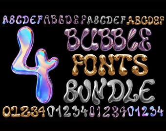 May include: A digital art graphic featuring bubble fonts in various colors, including iridescent, silver, and gold. The image displays the letters A-F and numbers 0-4, along with the words "BUBBLE FONTS BUNDLE" on a black background.
