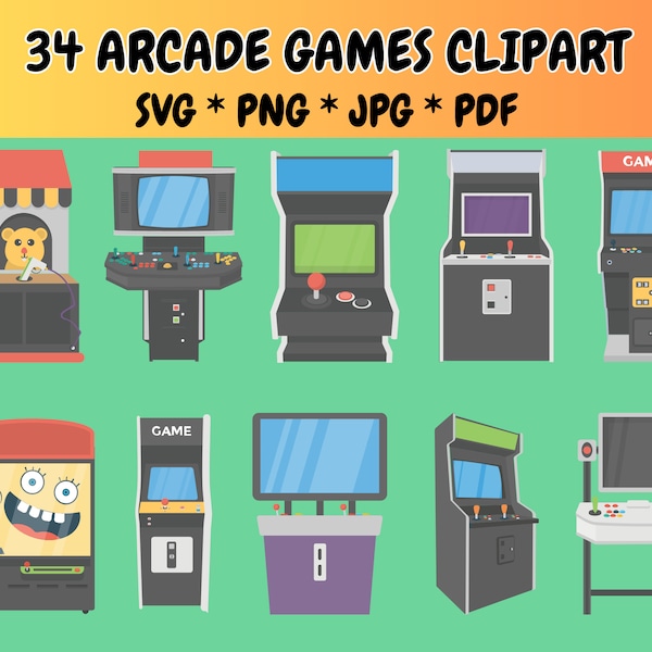 34 Arcade Games Clipart Bundle SVG PNG JPG PdF Icons, Arcade Machine, Retro Game, Slots Machine, Retro Video Game, Vector Graphics