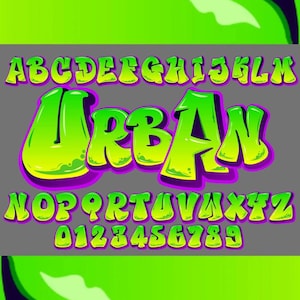 Puede incluir: Gráfico digital con la palabra "URBAN" en una fuente de estilo graffiti, con un degradado verde y amarillo. Las letras están delineadas en púrpura, con el alfabeto y los números también mostrados en un estilo similar.