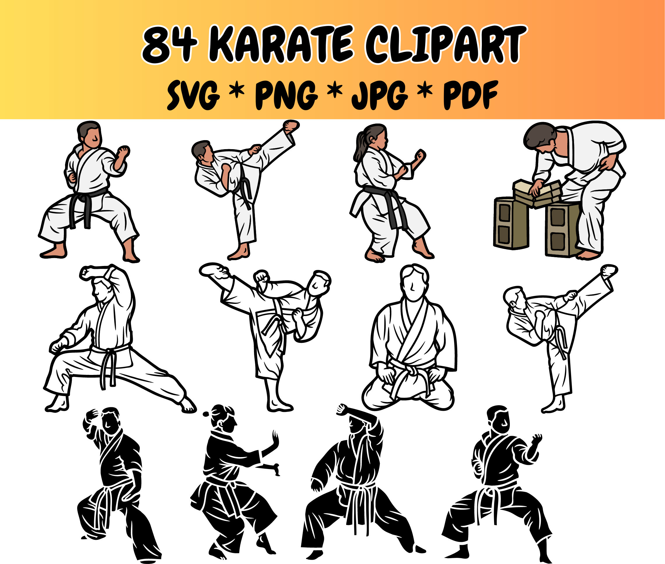 84 Karate Clipart Bundle SVG PNG JPG PdF Martial Arts, Taekwondo, Judo, Kung Fu, Vector Illustrations
