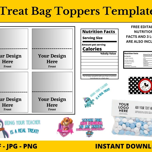 Treat Bag Topper template| Editable bag topper| Canva editable template| Treat bag stickers| Party favor template| Treat bag gift| Treat bag