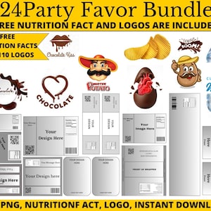 Op de afbeelding: Een digitale download van 24 sjablonen voor feestfavorieten. De sjablonen bevatten verschillende ontwerpen, waaronder chocolade, chips en waterflessen. De tekst "FREE NUTRITION FACT AND LOGOS ARE INCLUDED" staat bovenaan de afbeelding. De tekst "FREE NUTRITION FACTS AND 110 LOGOS" staat in de linkerbovenhoek van de afbeelding. De tekst "JPG, PNG, NUTRITIONF ACT, LOGO, INSTANT DOWNLOAD" staat onderaan de afbeelding.